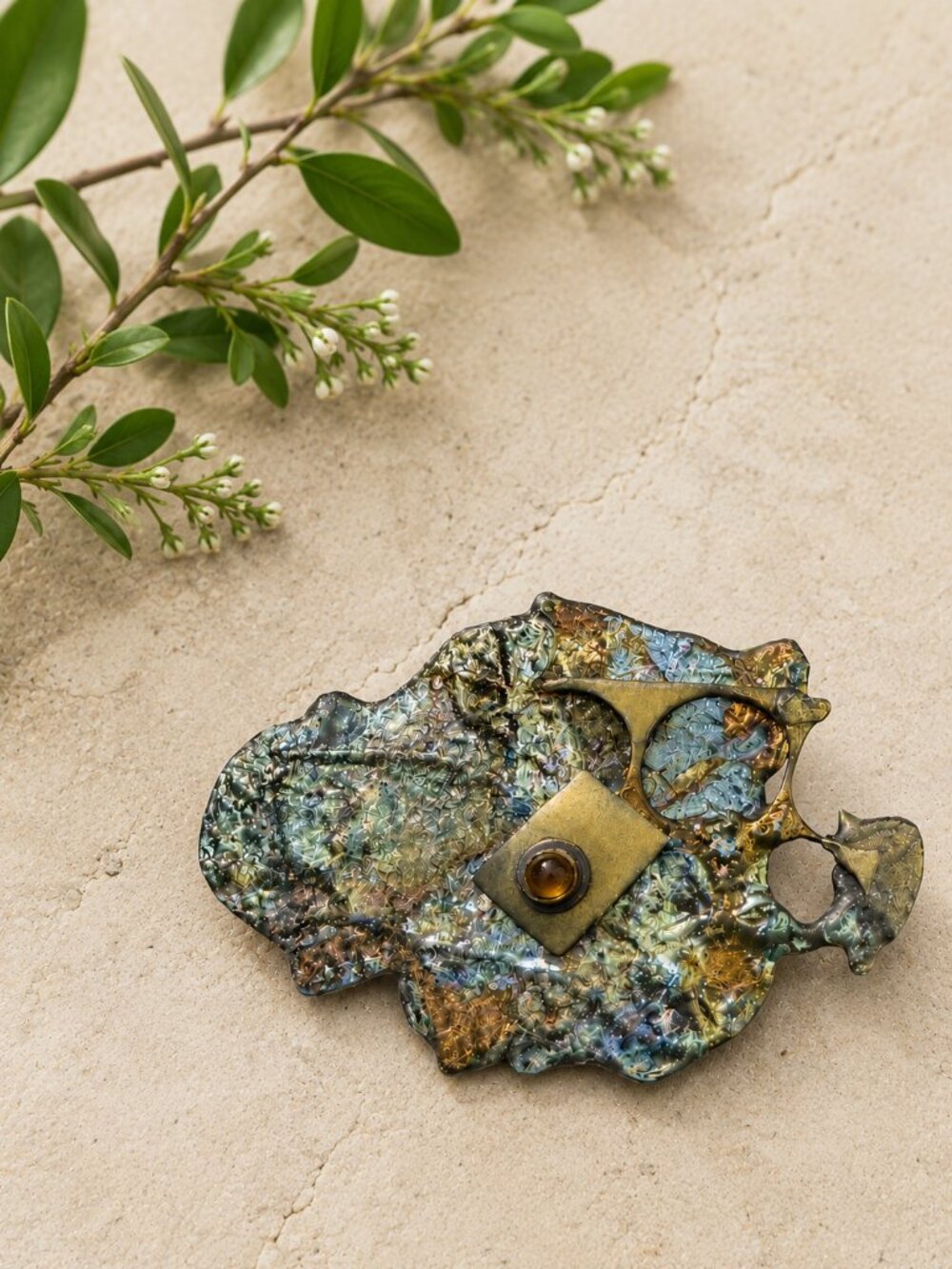 Brutalist Artisan Brooch Abstract Modernist Textured Mixed Metal Pin Vintage